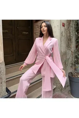 ŞİFON KOLLU İKİLİ TAKIM-Pembe - VUNTAL BUTİK (1)