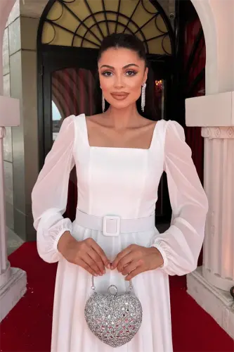 Şifon Krep Kumaş Kare Yaka Midi Elbise - BEYAZ - 3