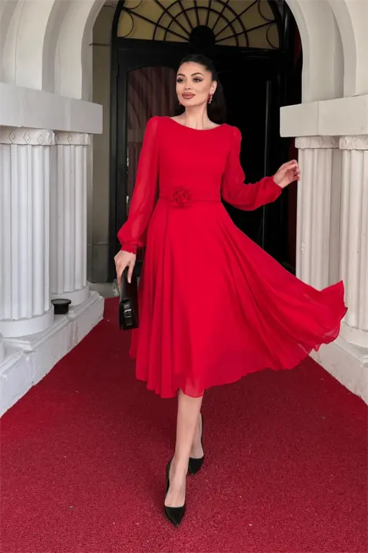 Sifon Kumaş Çiçek Detaylı Midi Elbise - KIRMIZI - 2