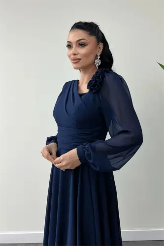 Şifon Kumaş Gül Detaylı Midi Boy Elbise - LACİVERT - 3