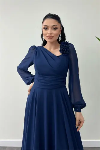 Şifon Kumaş Gül Detaylı Midi Boy Elbise - LACİVERT - 4
