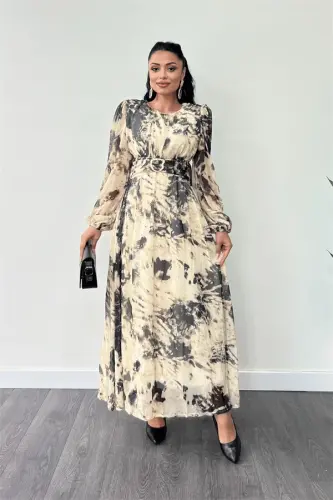 Şifon Kumaş Kemer Detaylı Maxi Elbise - KREM - 6