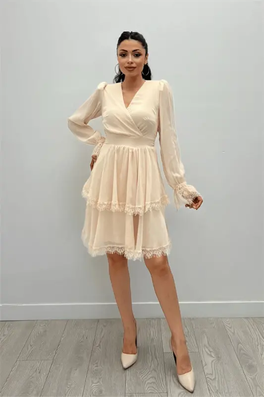 Sifon Kumaş Kruvaze Yaka Mini Elbise - KREM - 2