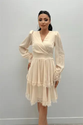 Sifon Kumaş Kruvaze Yaka Mini Elbise - KREM - 5