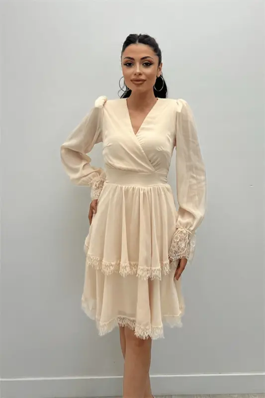 Sifon Kumaş Kruvaze Yaka Mini Elbise - KREM - 5
