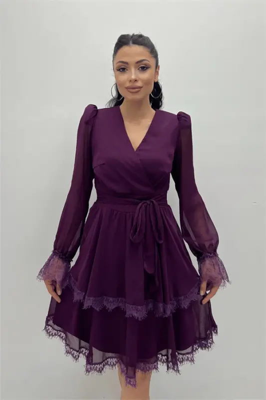 Sifon Kumaş Kruvaze Yaka Mini Elbise - PATLICAN MOR - 3
