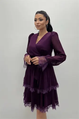 Sifon Kumaş Kruvaze Yaka Mini Elbise - PATLICAN MOR - 4