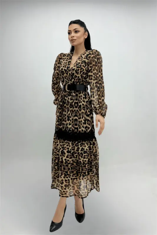 Şifon Kumaş Leopar Desenli Midi Elbise - LEOPAR - 6