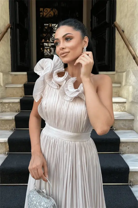 Şifon Kumaş Tek Kol Abiye Elbise - BEJ - 4