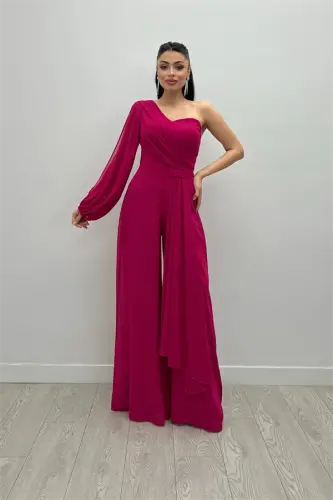 Şifon Kumaş Tek Kol Detaylı Tulum - FUŞYA - 1