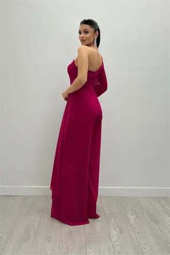 Şifon Kumaş Tek Kol Detaylı Tulum - FUŞYA - 5