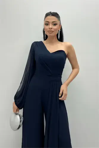 Şifon Kumaş Tek Kol Detaylı Tulum - LACİVERT - 3