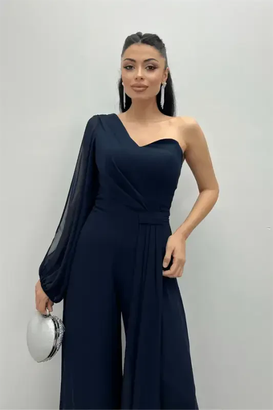 Şifon Kumaş Tek Kol Detaylı Tulum - LACİVERT - 3