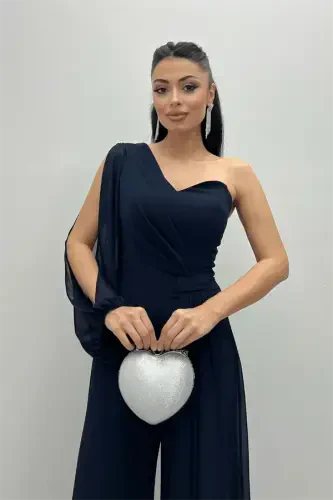 Şifon Kumaş Tek Kol Detaylı Tulum - LACİVERT - 4
