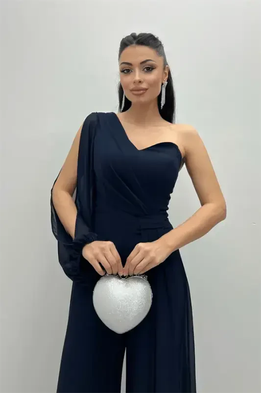 Şifon Kumaş Tek Kol Detaylı Tulum - LACİVERT - 4