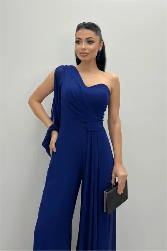 Şifon Kumaş Tek Kol Detaylı Tulum - SAKS MAVİ - 4