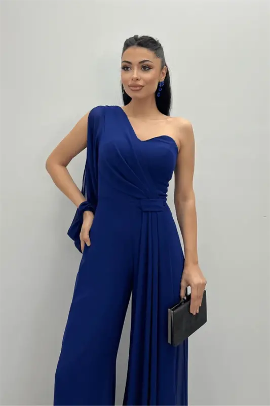 Şifon Kumaş Tek Kol Detaylı Tulum - SAKS MAVİ - 4