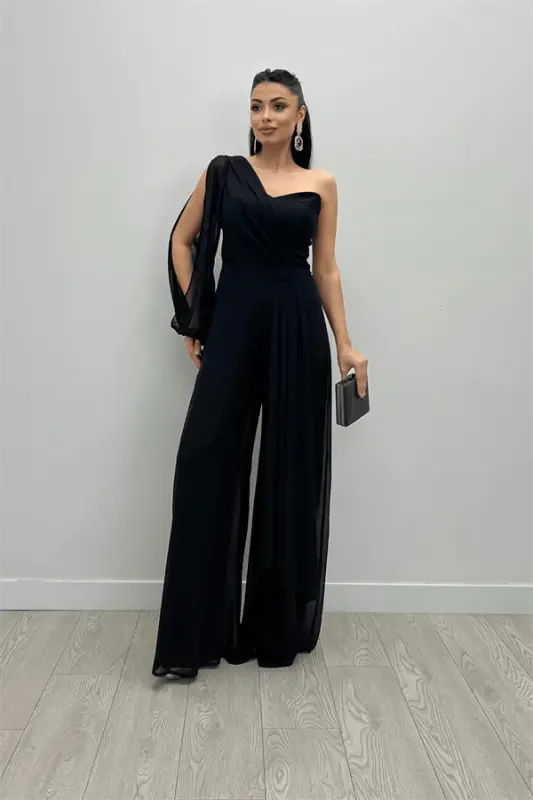 Şifon Kumaş Tek Kol Detaylı Tulum - SİYAH - 2