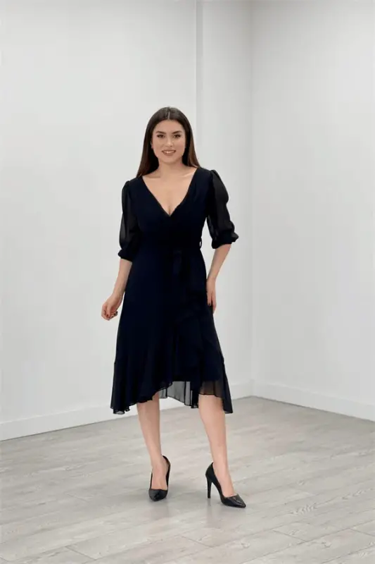 Şifon Kumaş Volan Detaylı Abiye Elbise - SİYAH - 7