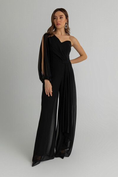 Şifon Kuşak Detaylı Göğüs Dolgulu Drapeli Geniş Paça Astarlı Tek Kollu Siyah Abiye 1336 - LOVEBOX