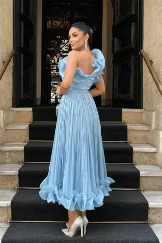 Şifon Mato Bir Qol Kechki Libos - OCH KO'K - 5