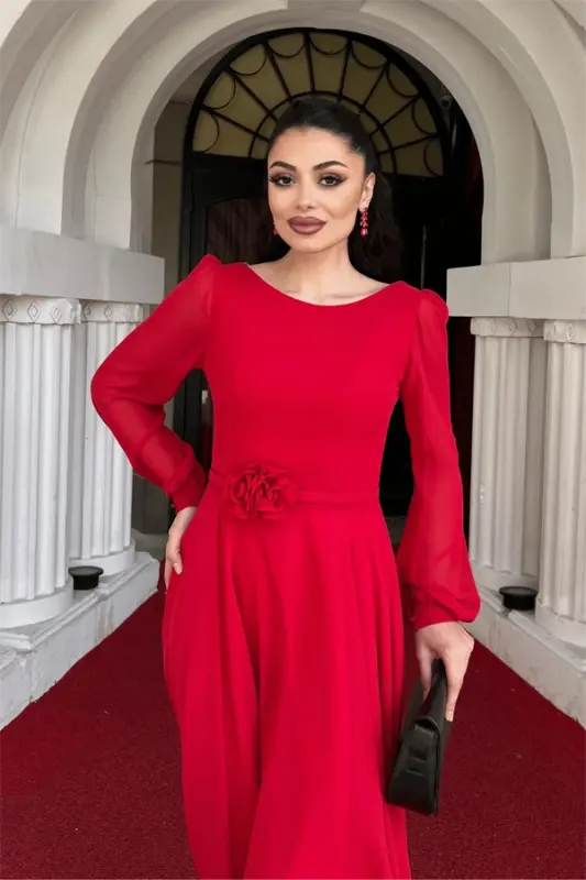 Sifon mato gul detallari bilan Midi ko'ylak - QIZIL - 4