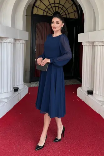 Sifon Matodan Gullar Bilan Bezilgan Midi Ko'ylak - KO'K - BÜYÜKBEDENIZ (1)