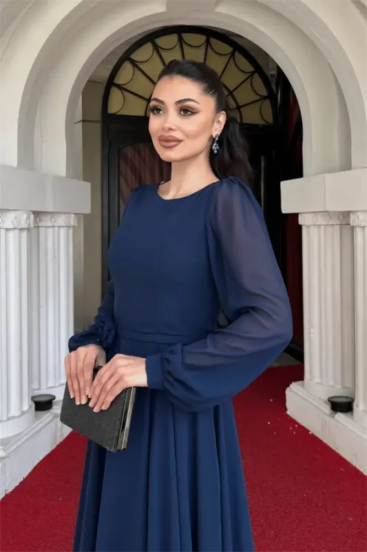 Sifon Matodan Gullar Bilan Bezilgan Midi Ko'ylak - KO'K - 4