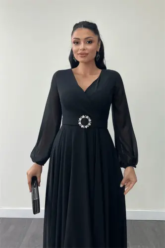 Şifon matodan kamar detalli midi ko'ylak - QORA - 3