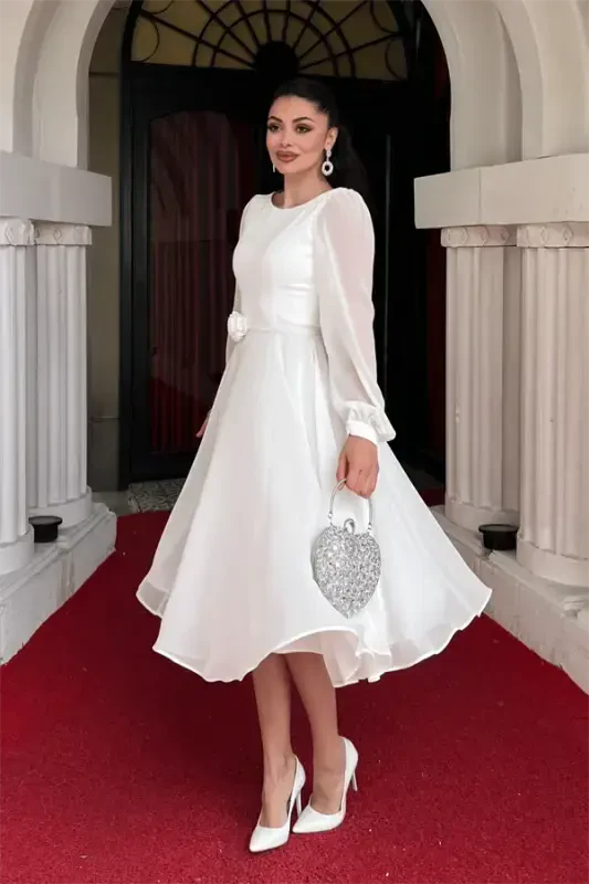 Шифоновое Миди Платье с Цветочным Деталем - БЕЛОЕ - 2