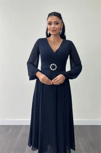 Шифоновое Миди Платье с Поясом - ТЕМНО-СИНИЙ - 3