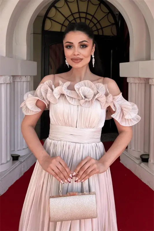 Шифоновое Миди Платье с Воланами - БЕЖ - 4