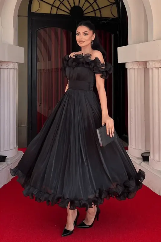 Шифоновое Миди Платье с Воланами - ЧЕРНЫЙ - 2