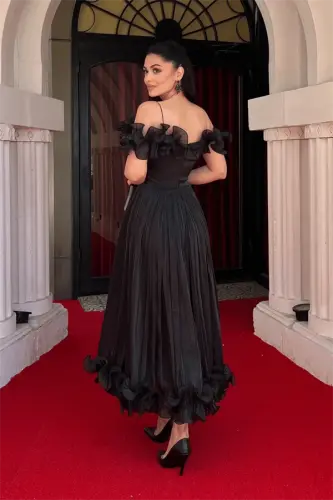 Шифоновое Миди Платье с Воланами - ЧЕРНЫЙ - 5