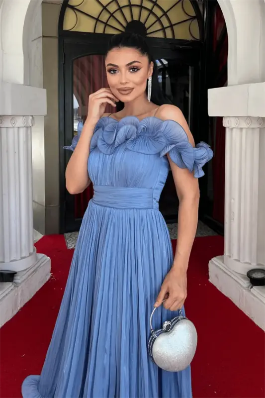 Шифоновое Миди Платье с Воланами - ИНДИГО СИНИЙ - 4