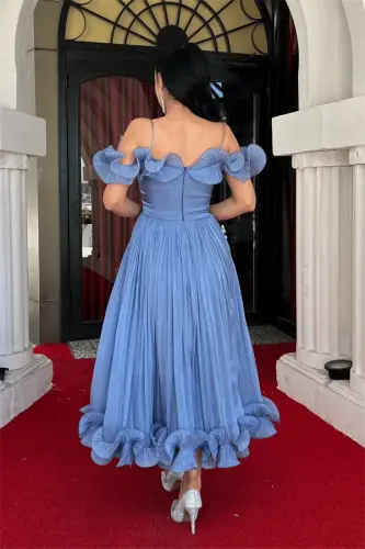 Шифоновое Миди Платье с Воланами - ИНДИГО СИНИЙ - 5