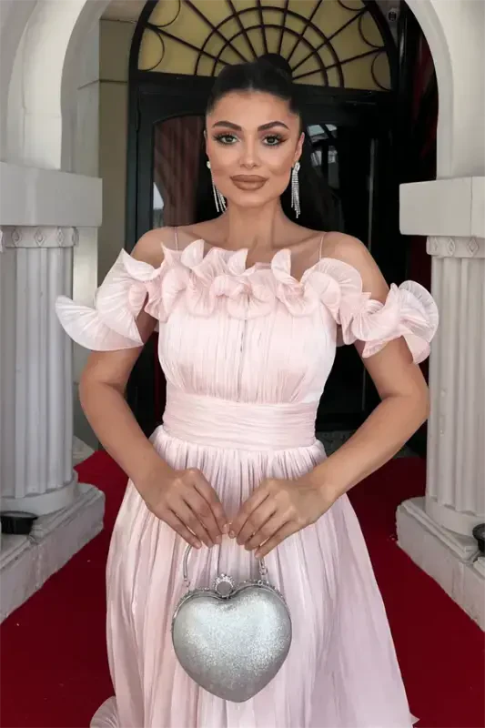 Шифоновое Миди Платье с Воланами - ПУДРА - 3