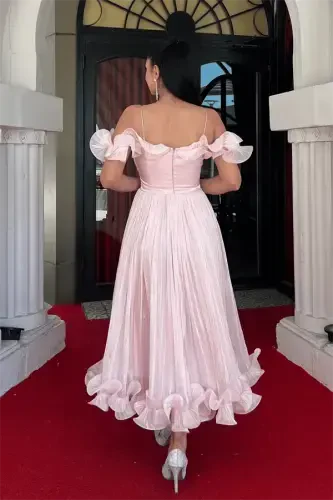 Шифоновое Миди Платье с Воланами - ПУДРА - 5