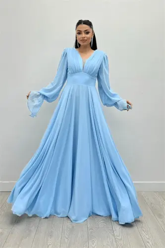 Шифоновое платье макси с V-образным вырезом и сборками - ЛЕДЯНОЙ ГОЛУБОЙ - 2