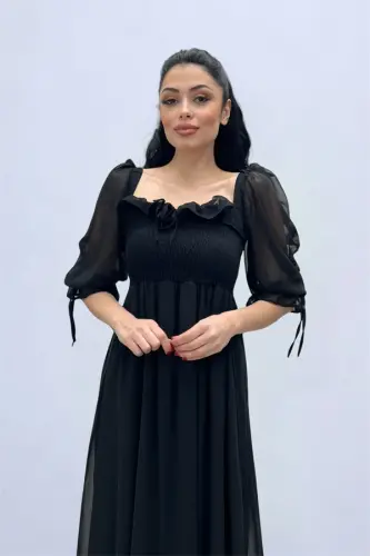 Шифоновое платье миди с деталями сборки на груди - ЧЕРНЫЙ - 1