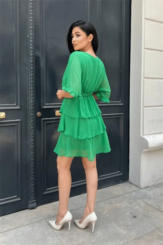 Шифоновое Платье Мини Ярусное - ЗЕЛЁНЫЙ - 3