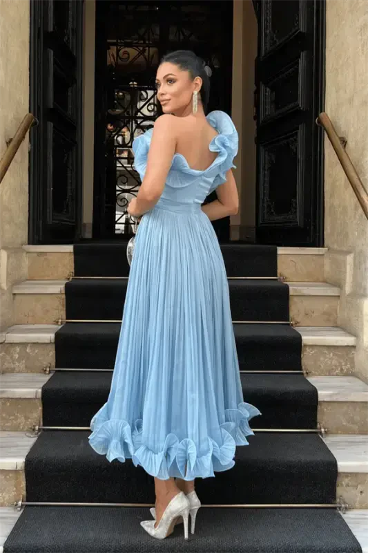 Шифоновое Платье в Пол с Одним Рукавом - СВЕТЛО-ГОЛУБОЙ - 5