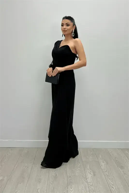 Шифоновый комбинезон с одним рукавом - ЧЕРНЫЙ - BÜYÜKBEDENIZ