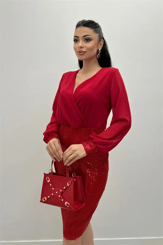 Шифоновый верх и платье с пайетками - КРАСНЫЙ - 3