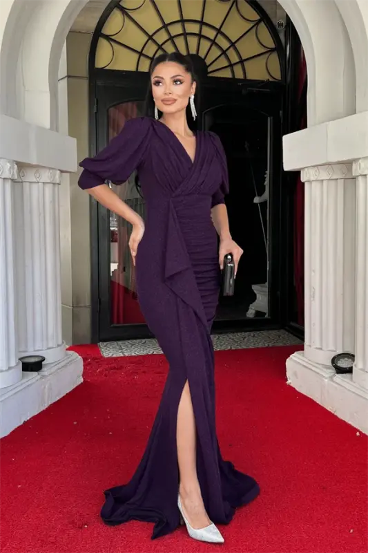 Сияющее платье макси с оборками и деталями в виде рыбьего хвоста - БАКЛАЖАНОВЫЙ - 2