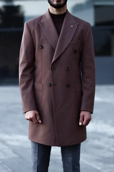 Şık Kruvaze Yaka Erkek Kaban - Yün Ve Polyester Karışımı-kav7201w-Kahverengi - KADIR BÜYÜKKAYA (1)