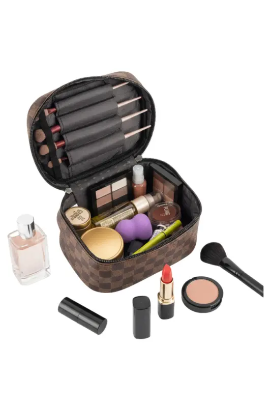 Chic Make-up Bag-şıklığı Ve Fonksiyonu Bir Arada Sunan Çok Amaçlı Makyaj Çantası Kozmetik Çanta-Kahve Damalı - 1