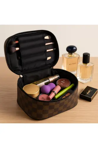 Chic Make-up Bag-şıklığı Ve Fonksiyonu Bir Arada Sunan Çok Amaçlı Makyaj Çantası Kozmetik Çanta-Kahve Damalı - 7