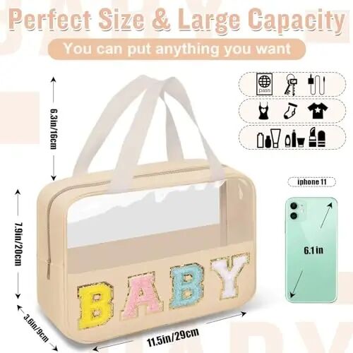Preppy Clear Baby Makeup Bags with Chenille Letter Patches, Travel Essentials Large Clear Make up Bag Zipper Pouch with Handle, Waterproof Nylon Cosmetic Toiletry Storage Tote for Women (BABY-Beige) - 2