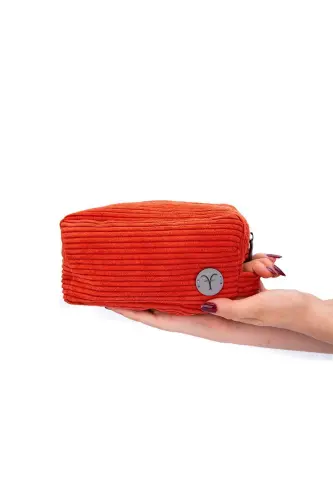 Şık Ve Kullanışlı Kalın Fitilli Kadife Körüklü Makyaj Çantası, Çok Amaçlı Çanta,portföy&clutch-Kiremit 